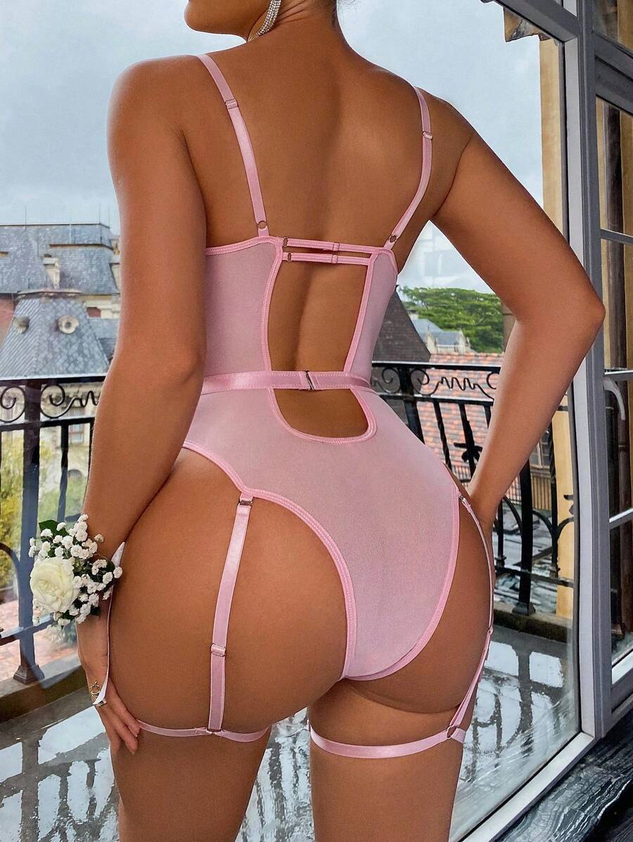 3 pièces Body lingerie avec armature, à broderie florale et en mesh