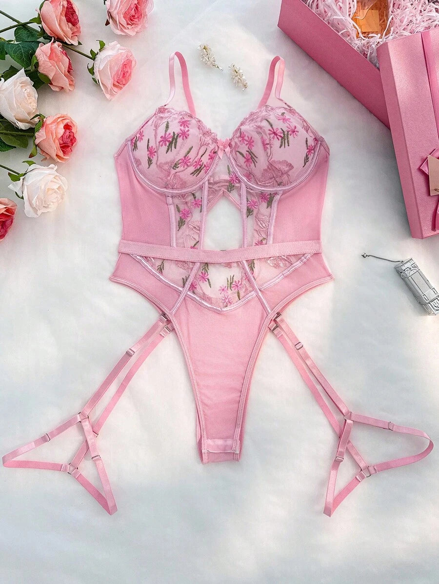 3 pièces Body lingerie avec armature, à broderie florale et en mesh