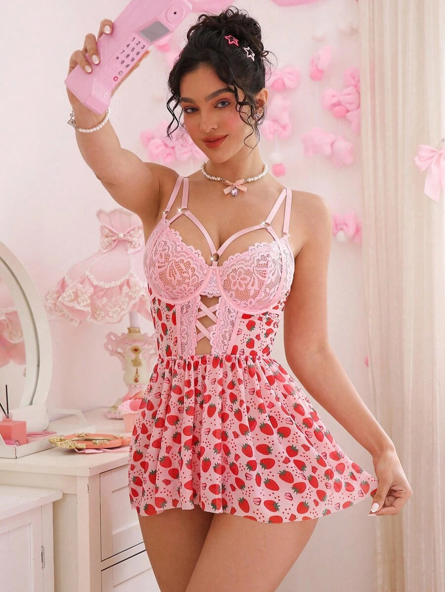 PetitDoll 2 pièces Ensemble de nuisette en dentelle sexy et patchwork pour femmes, pour sortir