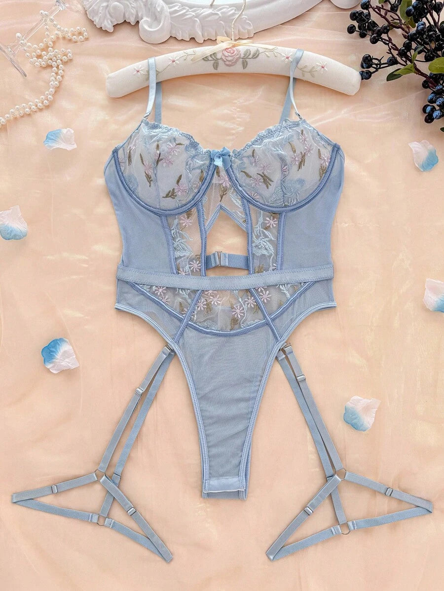 3 pièces Body lingerie avec armature, à broderie florale et en mesh