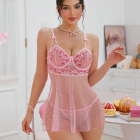 PetitDoll Robe de lingerie rose transparente élégante avec motif floral