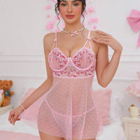 PetitDoll Robe de lingerie rose transparente élégante avec motif floral