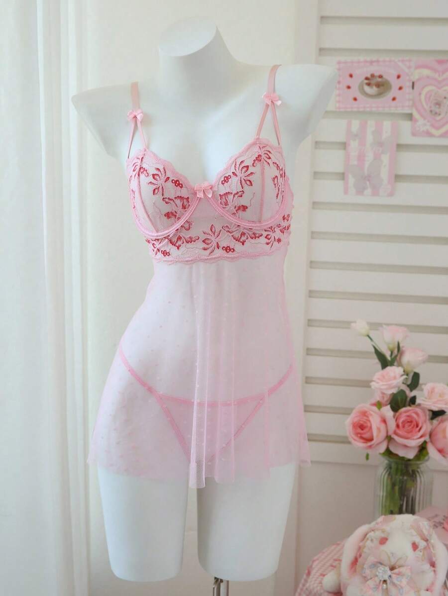 PetitDoll Robe de lingerie rose transparente élégante avec motif floral