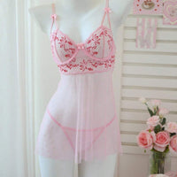 PetitDoll Robe de lingerie rose transparente élégante avec motif floral