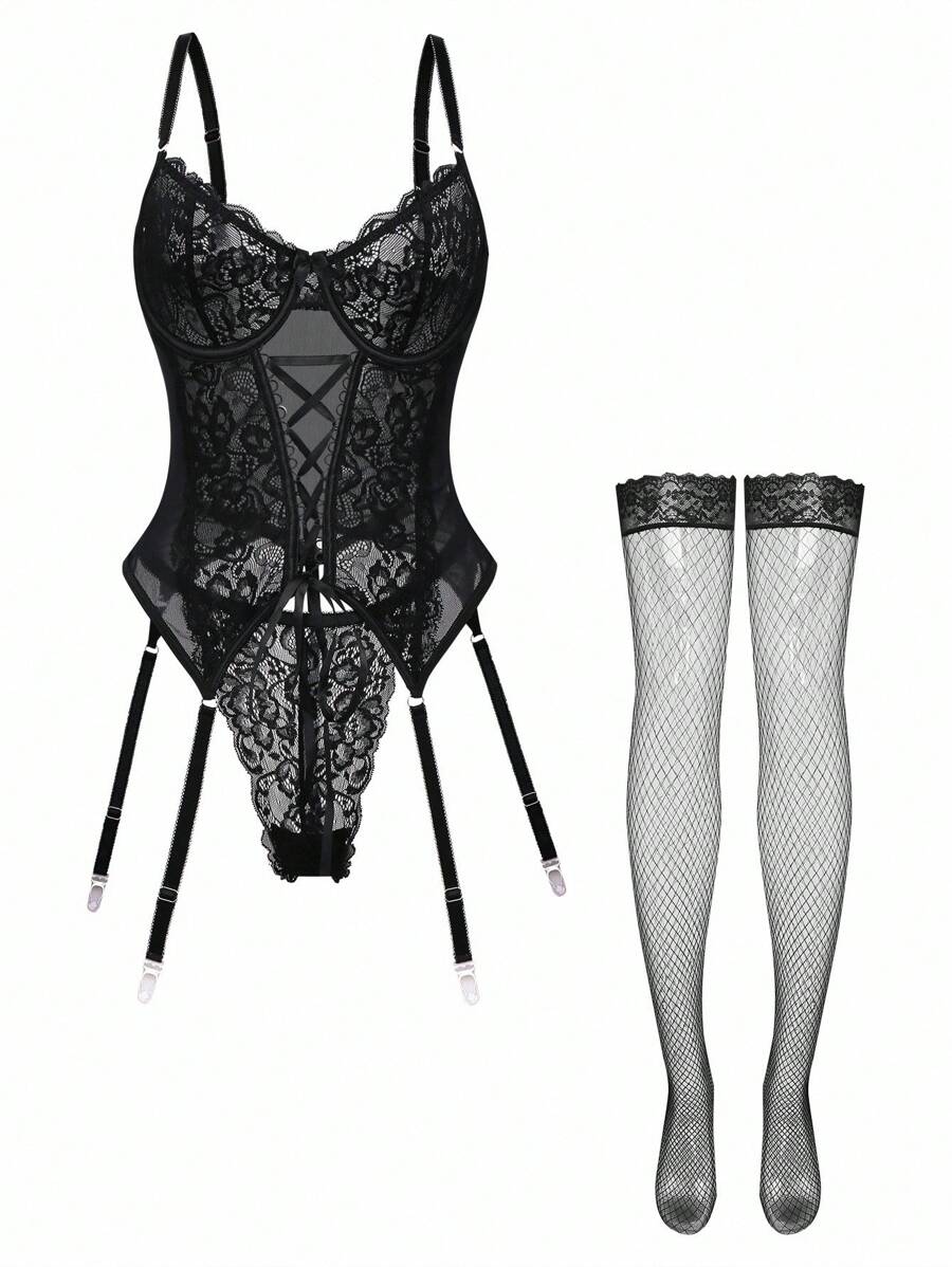 4 ensembles Lingerie ensemble de corset à galons frontaux contrastés en maille, avec porte-jarretelles