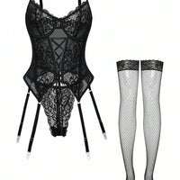 4 ensembles Lingerie ensemble de corset à galons frontaux contrastés en maille, avec porte-jarretelles