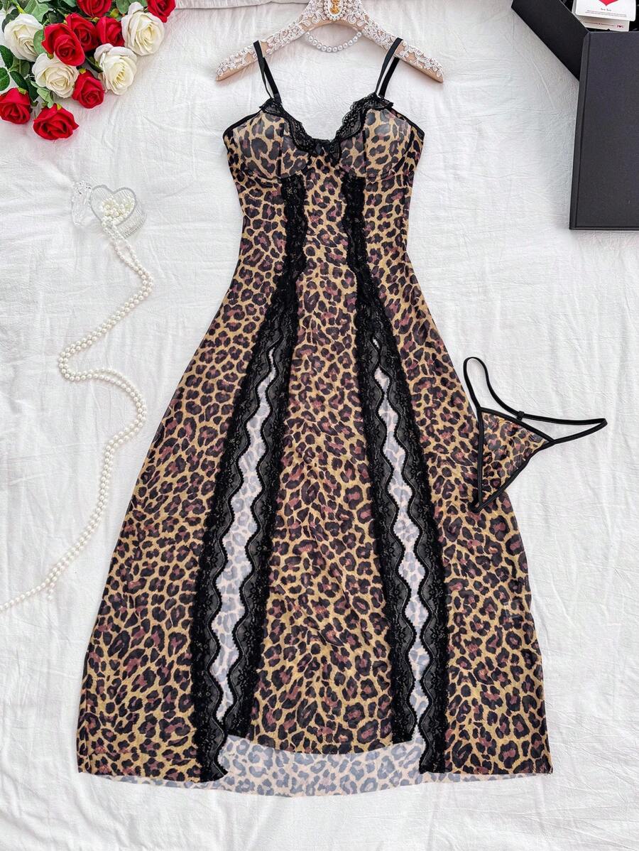 2 pièces/Set Soutien-gorge en fil sexy et mature + Robe fendue léopard + String