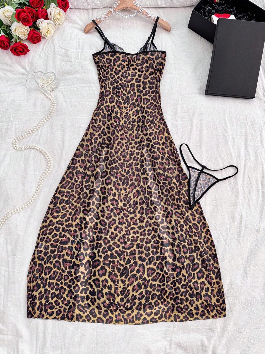 2 pièces/Set Soutien-gorge en fil sexy et mature + Robe fendue léopard + String