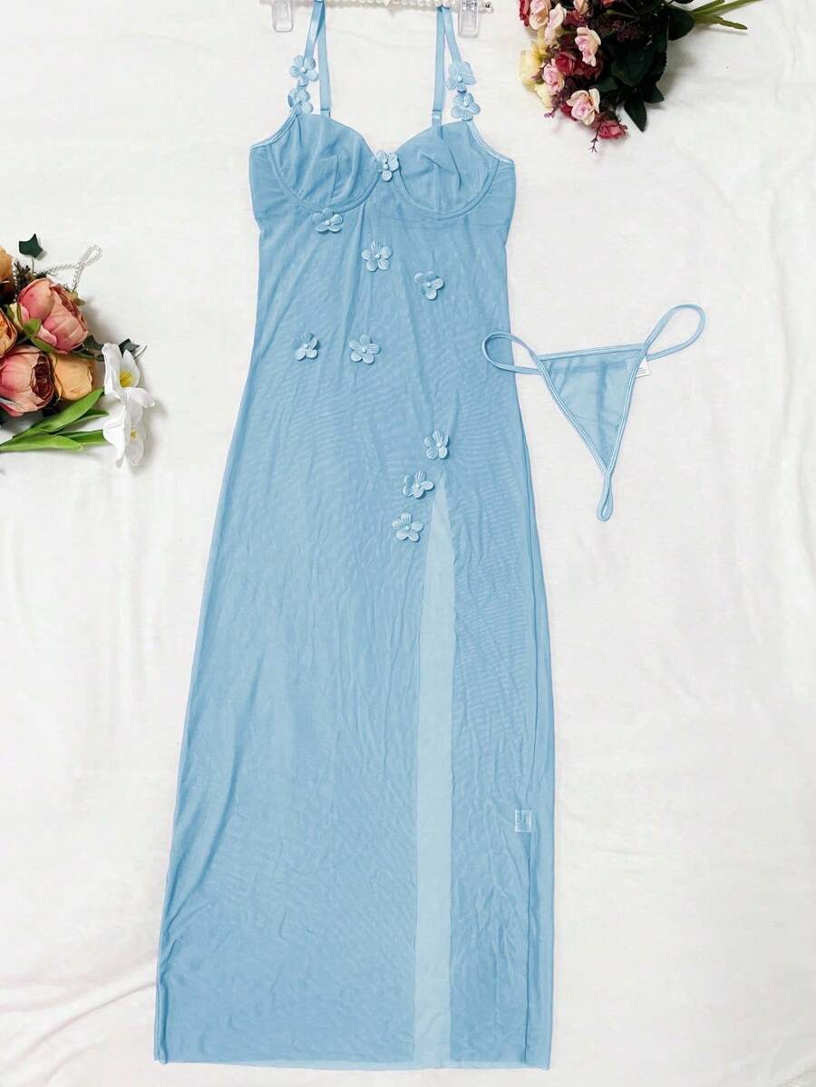 2 pièces Ensemble de nuisette en maille sexy pour femmes (avec armature, string)