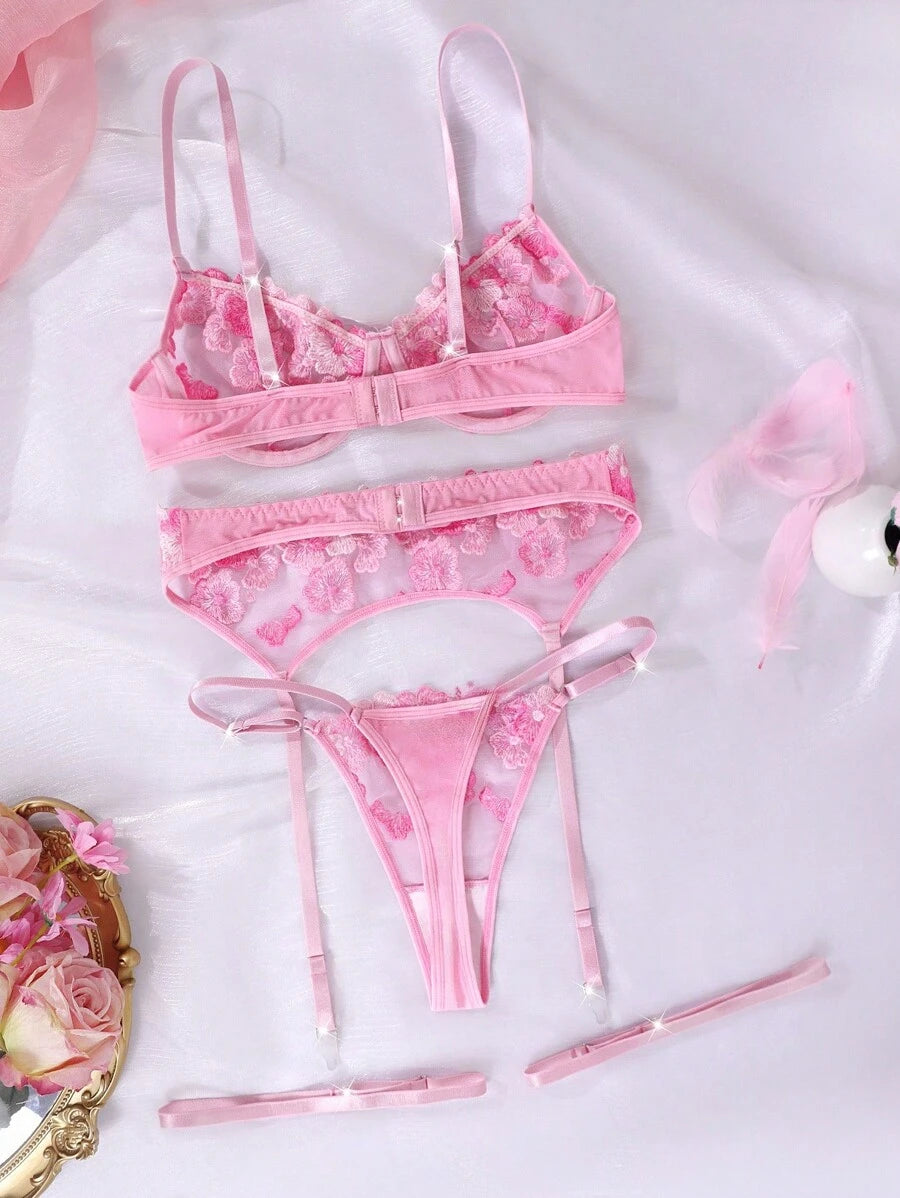 SHEIN 5 pièces/set Ensemble de lingerie sexy pour dames avec broderie florale 3D, pour sortir