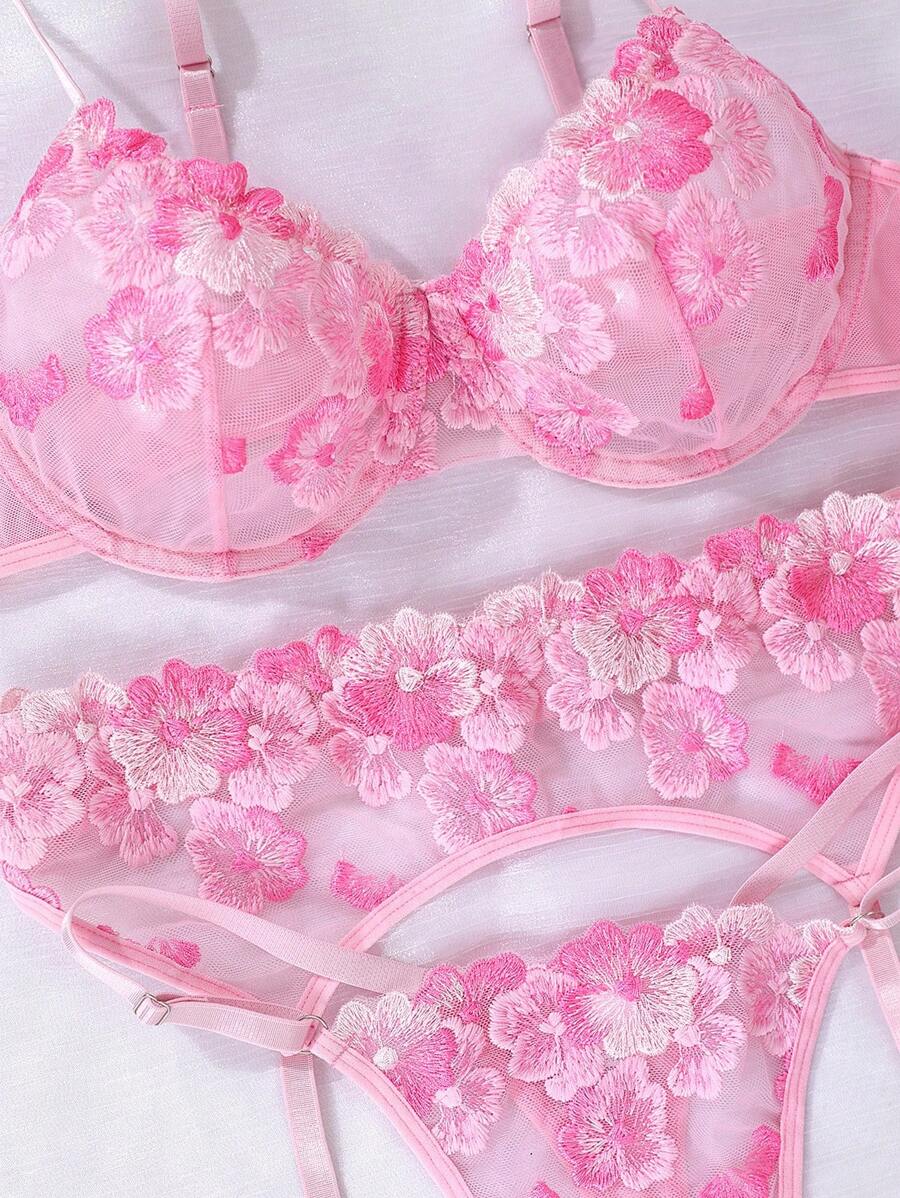 SHEIN 5 pièces/set Ensemble de lingerie sexy pour dames avec broderie florale 3D, pour sortir