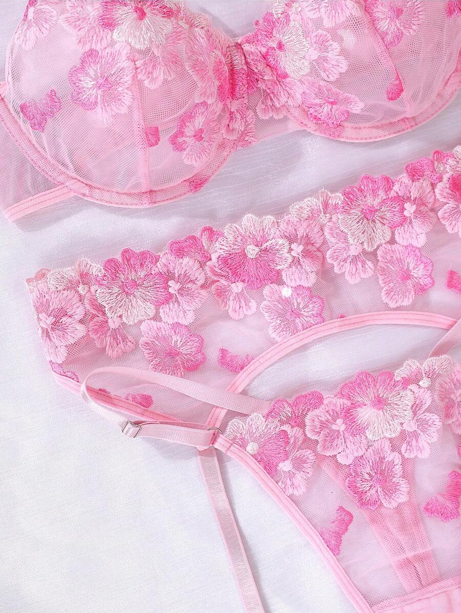 SHEIN 5 pièces/set Ensemble de lingerie sexy pour dames avec broderie florale 3D, pour sortir