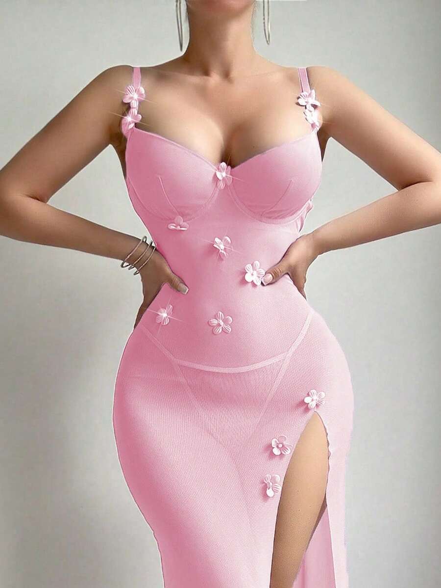 2 pièces Ensemble de nuisette en maille sexy pour femmes (avec armature, string)