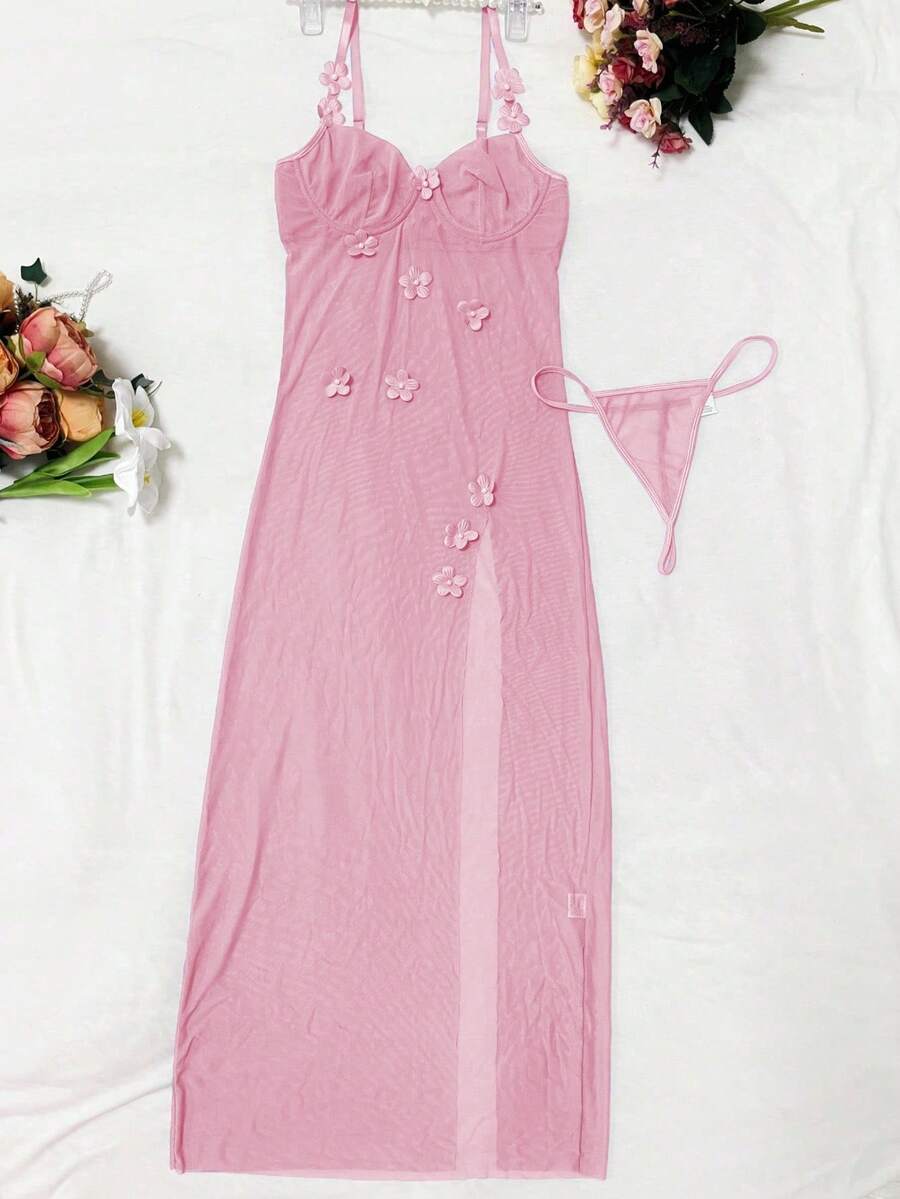 2 pièces Ensemble de nuisette en maille sexy pour femmes (avec armature, string)