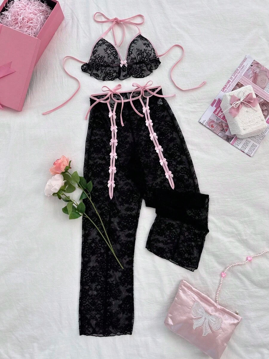 PetitDoll 2 pièces Ensemble de lingerie sexy en dentelle pour femmes (sans fil, pantalon long)