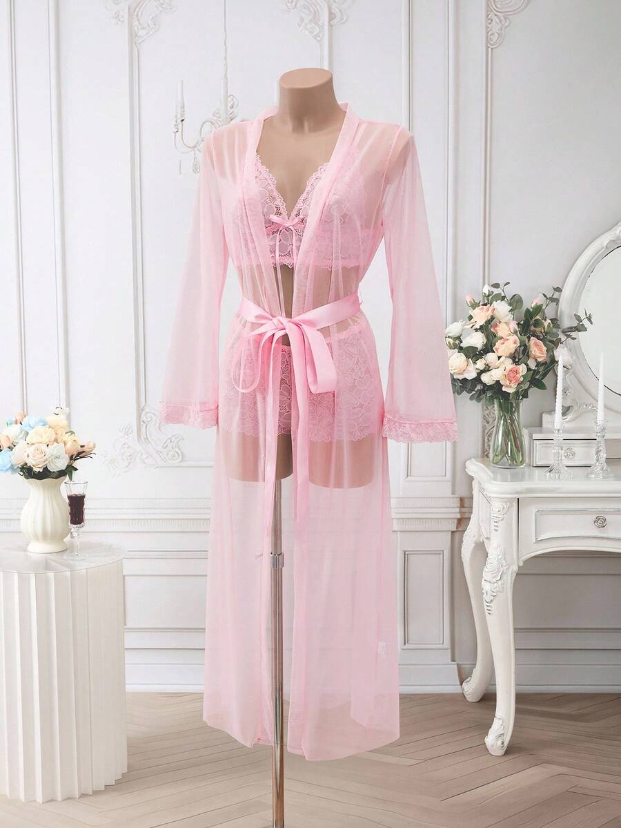 SHEIN Crystal Vow 4 pièces Set de lingerie sexy pour dames avec couleur unie douce et patchwork en dentelle premium