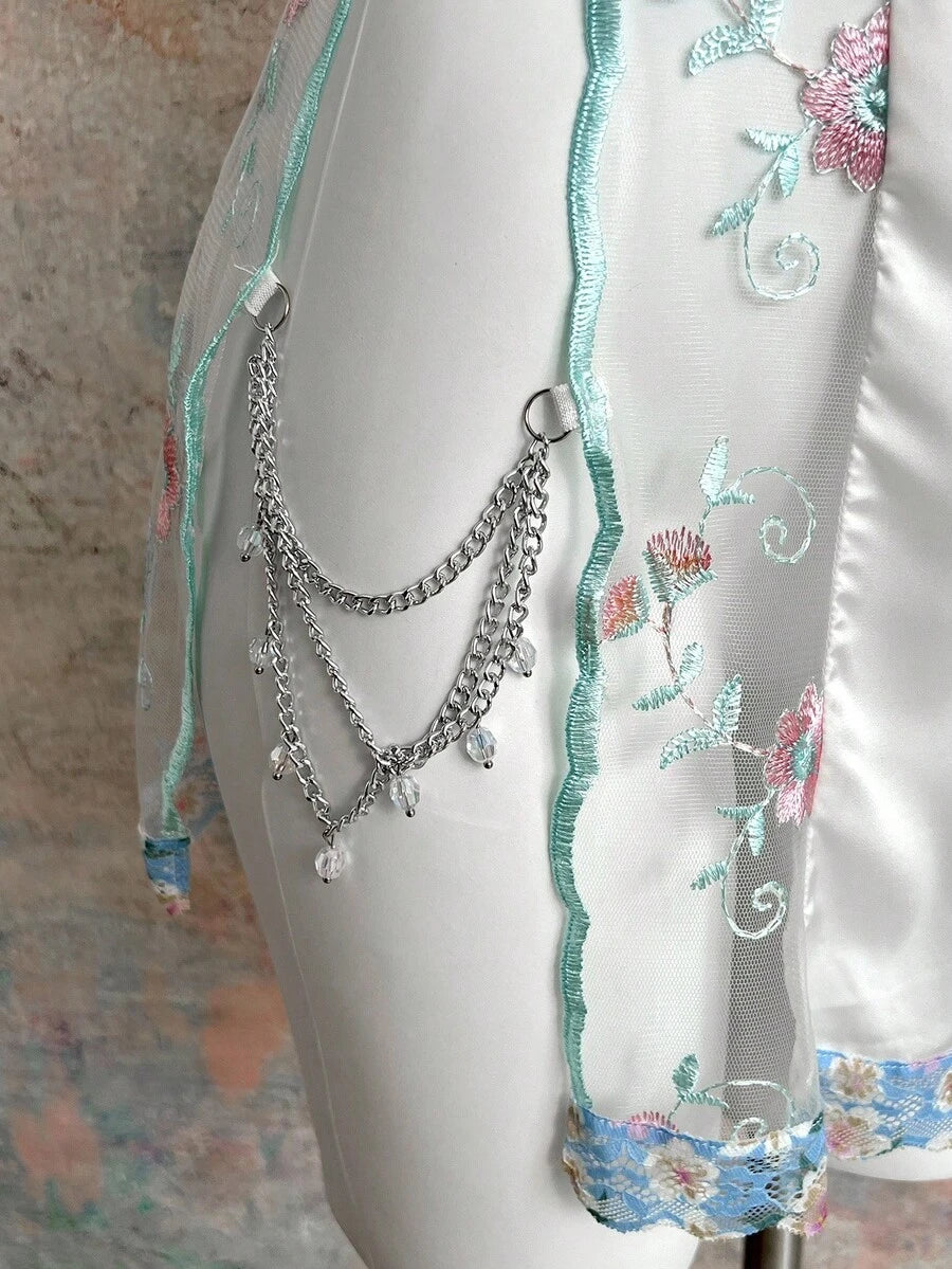 FloralLove 2 pièces Ensemble de robe de chambre en satin et de nuisette en dentelle florale romantique avec boutons décoratifs en faux perles. Ensemble de lingerie nuptiale, vêtements d'automne