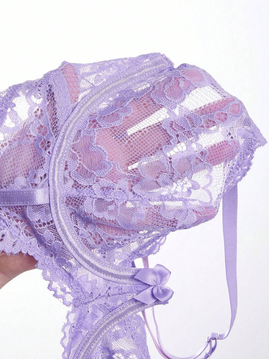 SHEIN Crystal Vow 4 pièces Ensemble de lingerie romantique avec armatures en dentelle