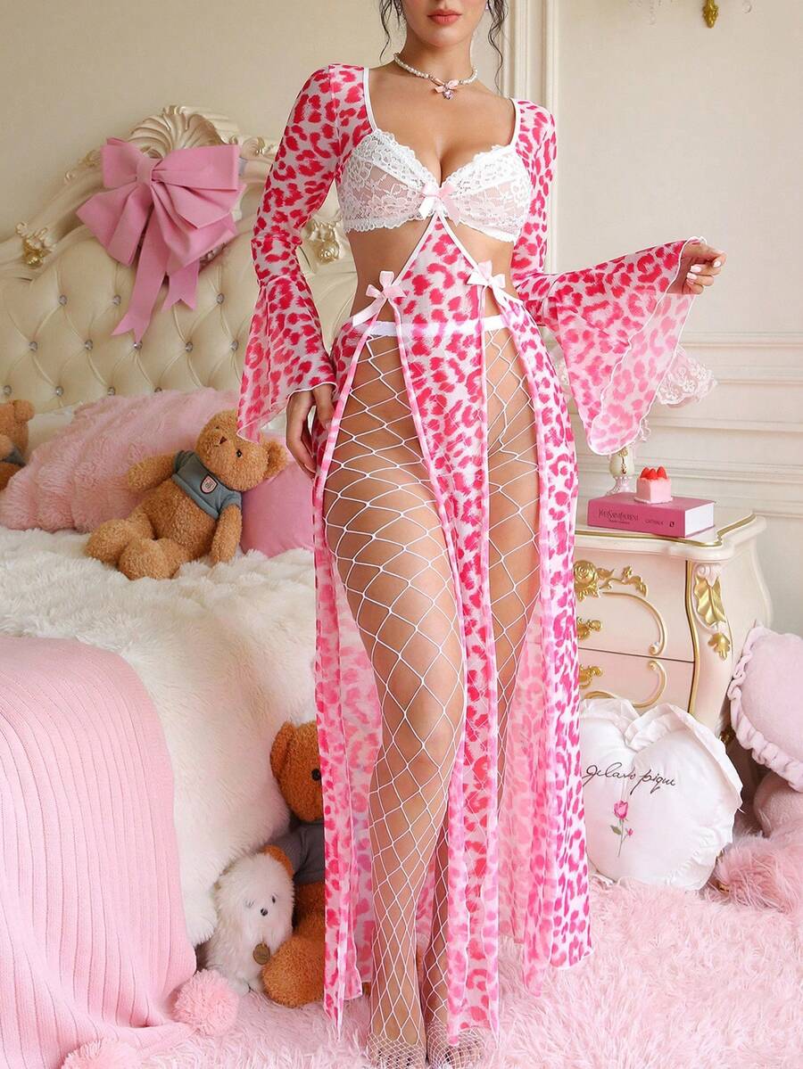 PetitDoll Nuisette sexy pour femmes avec dos ouvert, nœud, dentelle et patchwork imprimé