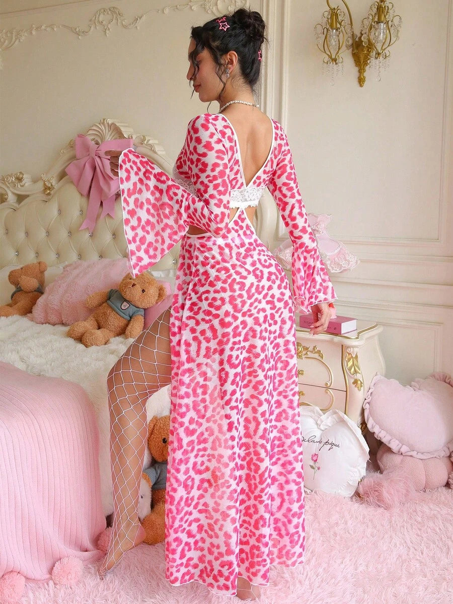 PetitDoll Nuisette sexy pour femmes avec dos ouvert, nœud, dentelle et patchwork imprimé