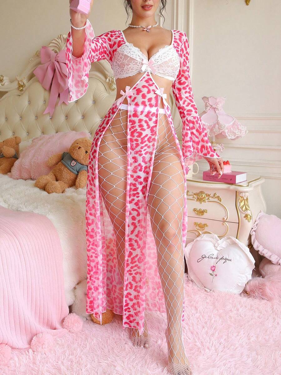 PetitDoll Nuisette sexy pour femmes avec dos ouvert, nœud, dentelle et patchwork imprimé