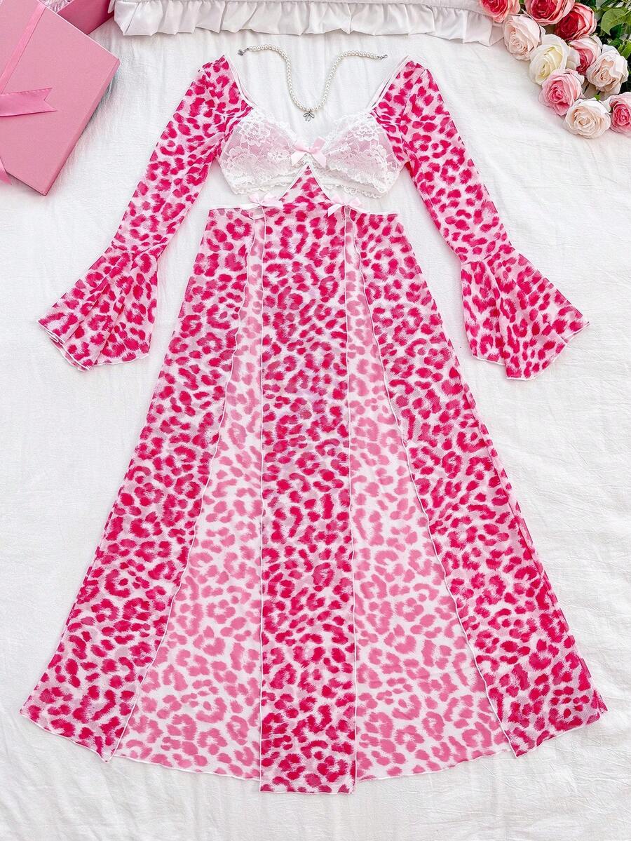 PetitDoll Nuisette sexy pour femmes avec dos ouvert, nœud, dentelle et patchwork imprimé